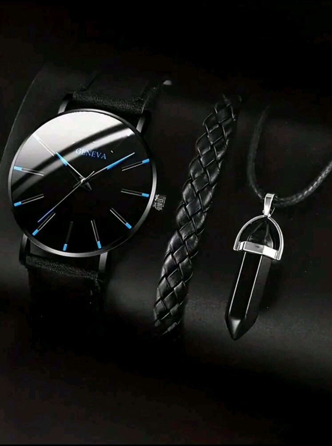 RELOJ NEGRO HOMBRE CUARZO REDONDO RAYAS AZULES CON PULSERA CUERO CADENA DE DIAMANTE DE CUARZO R25